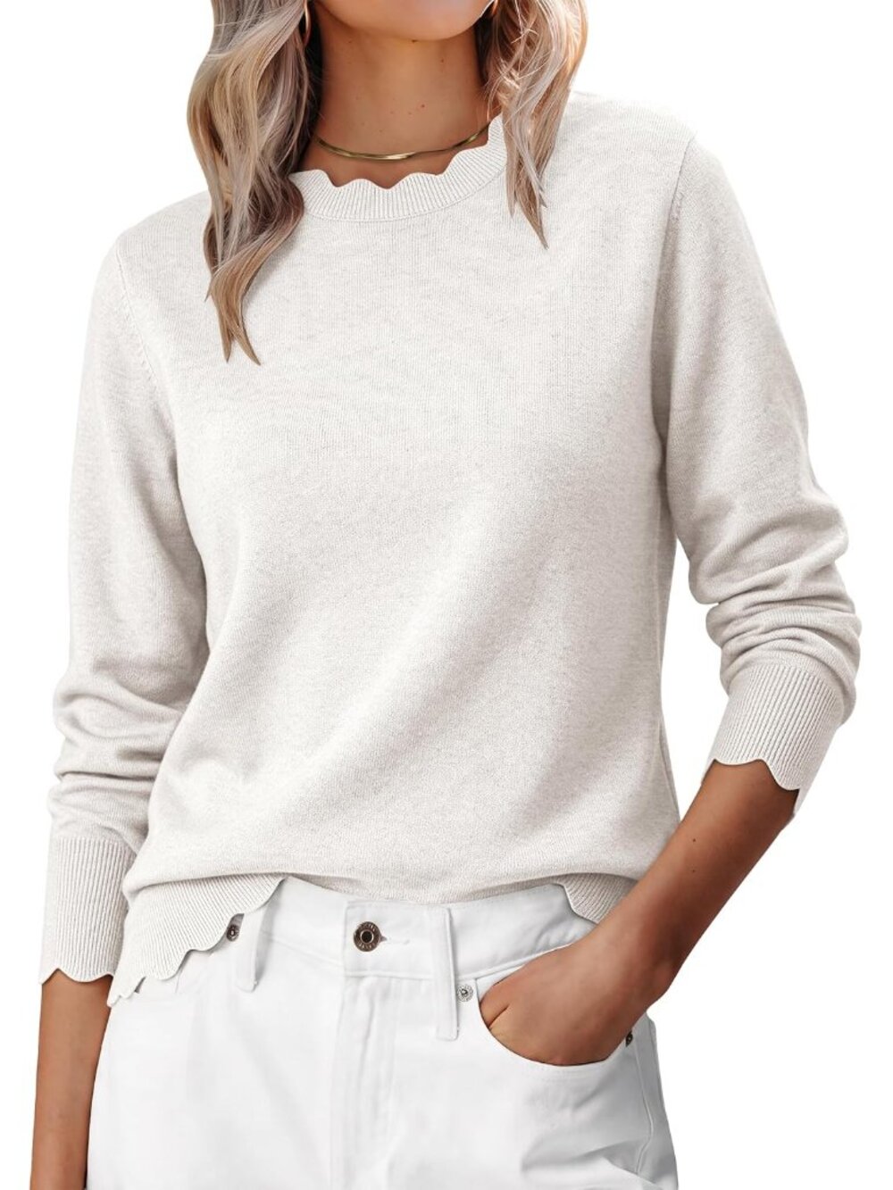 Women's Lightweight Fall Sweater - Relaxed Fit, Soft, Breathable, Scallop Edge